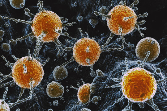 Vivid microscopic image of natural killer cells showcasing their unique structure and function. These immune cells play crucial role in bodys defense against infections and tumors, highlighting