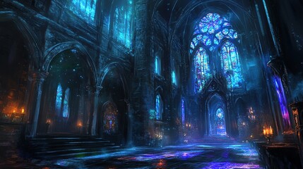 Fototapeta premium A mystical cathedral bathed in ethereal blue light.