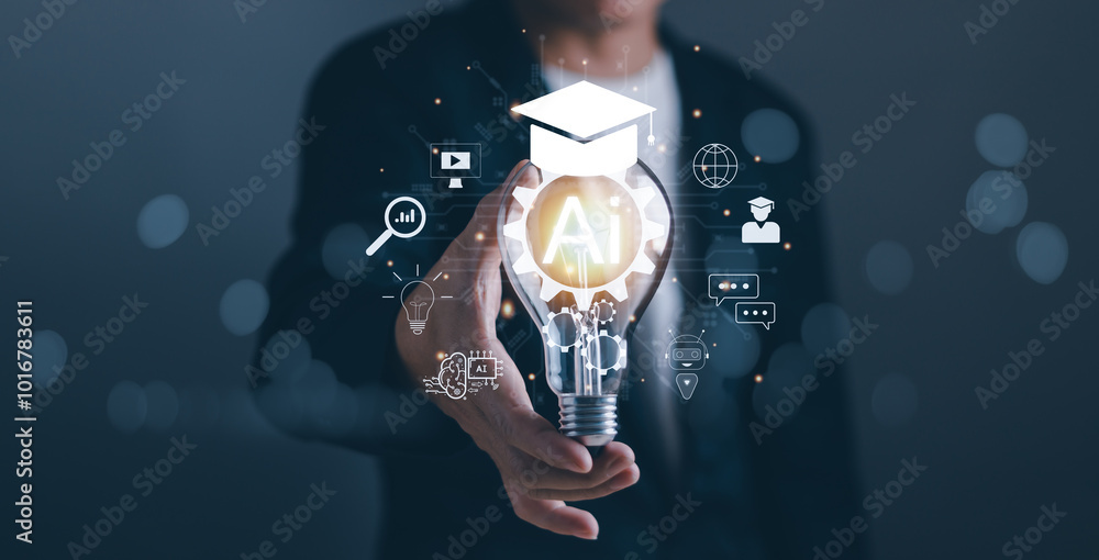 Poster ai technology,artificial intelligence learning concept, man's hand holding light bulb show ai techno