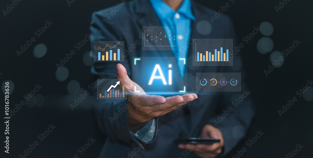 Aufkleber ai technology, big data analysis business intelligence concept , businessman hand showing ai technol