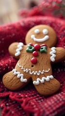 Gingerbread Cookie on Cozy Red Knit Fabric, Festively Adorned for the Holidays