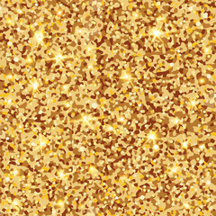 Gold glitter background. Shiny New Year texture. Bright seamless pattern of yellow rhinestones