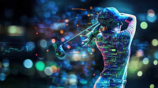 A golfer swings a club amidst a digital backdrop of data and vibrant lights.