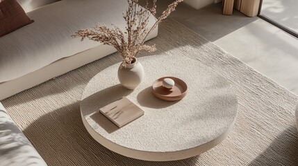 Round coffee table with vase and book in living room.