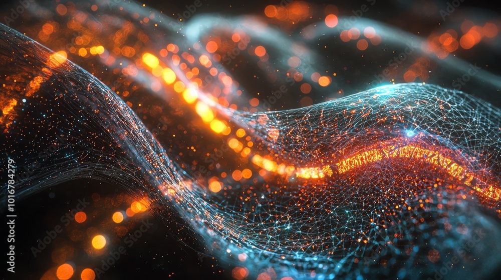 Poster abstract glowing particles in a wave-like formation.
