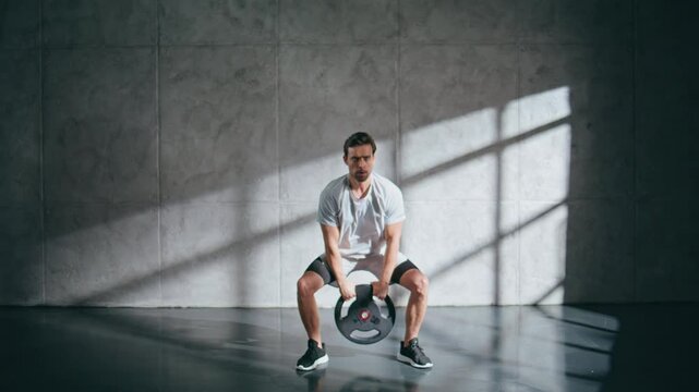 Sporty man exercising weight plate in loft gym. Brunette lifting heavy equipment