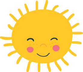 Sun Vector Funny Isolated on White Background, Cute summer sunshine emoji. Yellow childish sunny emoticon. Smiling baby sun with sunbeams.