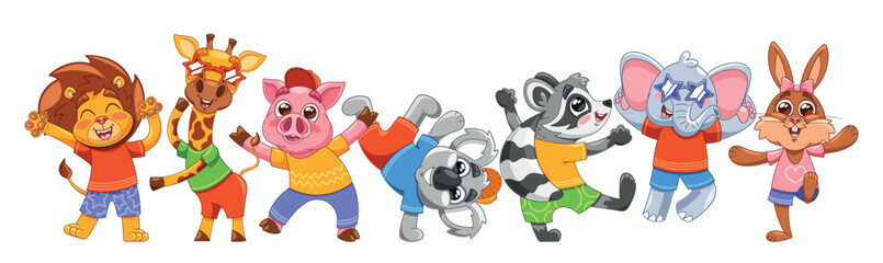 Colorful Cartoon Animals Happily Dancing Together In Fun And Festive Attire. Lively Vector Scene Includes A Lion, Pig