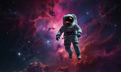 Astronaut Gliding Through a Vivid Cosmic Scene Filled with Colorful Nebulae and Distant Stars