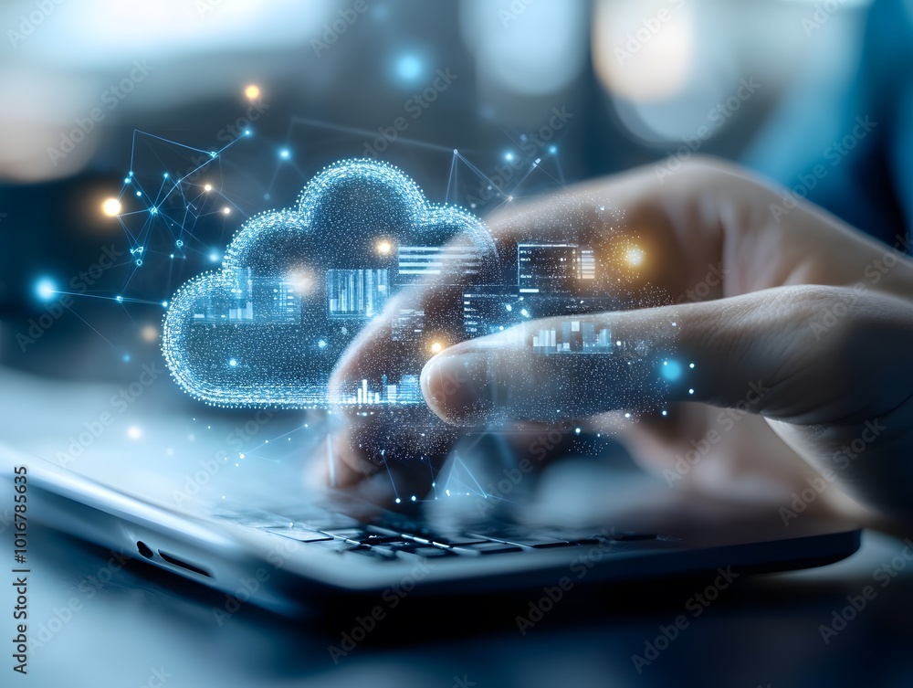 Poster hand typing on laptop with holographic cloud computing interface