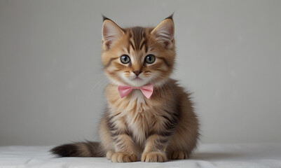 Fluffy Kitten with Pink Bow Tie Sitting Elegantly on a Soft White Surface