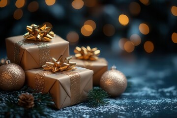 enchanting christmas still life midnight blue backdrop shimmering gold ornaments elegantly wrapped gifts soft focus bokeh luxurious festive ambiance minimalist composition negative space