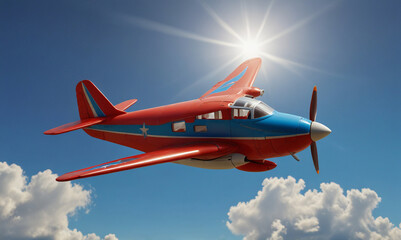 Vibrant Red and Blue Airplane Flying Through a Clear Sky with Sunlight Shining Brightly