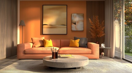 Modern living room with orange sofa and sunlit wall.