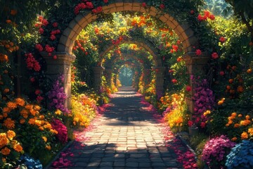enchanting digital painting of a secret fairytale garden filled with vibrant flowers and lush greenery featuring whimsical arches that invite exploration and wonder