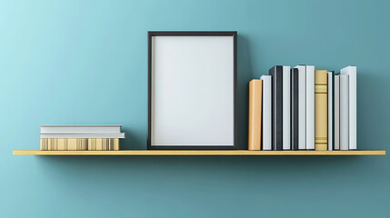Mockup photo frame on bookshelf, wallpaper, creative image creation on the shelf of knowledge