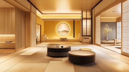 Modern Japanese minimalist living room with wooden floors.