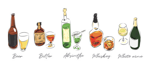 Line art drawings of liquor bottles, doodle style illustration, graphic decorative elements