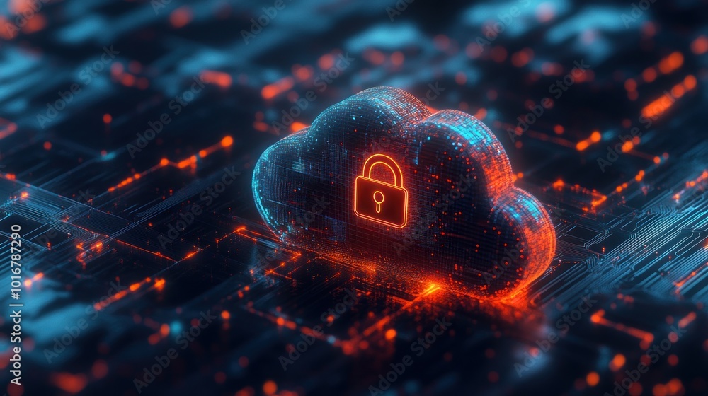 Poster digital cloud with a padlock symbolizing cybersecurity and data protection.