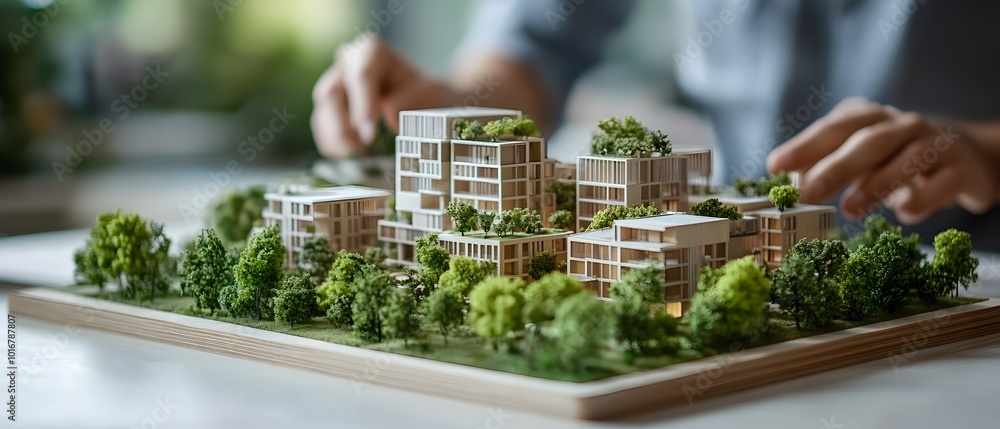 Poster A team of architects using advanced technology to simulate and visualize innovative eco friendly building designs that prioritize sustainable green