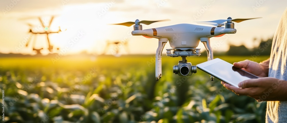Poster exploring the innovative use of drones in modern agriculture, focusing on how they can enhance the e