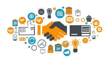 corporate handshake symbolizes collaboration and partnership in modern business environment, surrounded by icons representing renewable energy and innovation