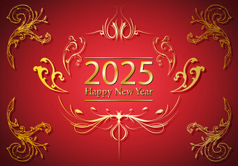 Felicitación de año nuevo, navidad y 2025 dorado sobre rojo