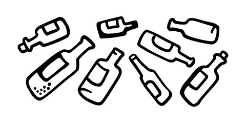 A minimalist black and white line art illustration featuring an abstract arrangement of various hand-drawn bottles in different shapes and sizes