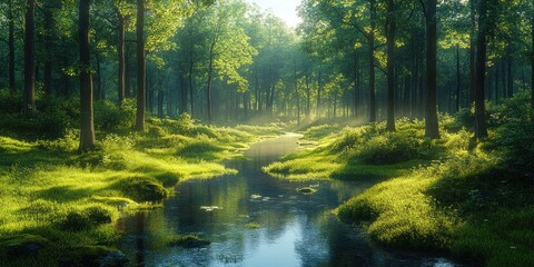 Obraz premium Sunlit Stream in a Tranquil Forest