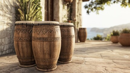 Large African Dunun Drums with Leather Straps and Detailed Carvings, Set in an Open Outdoor Space