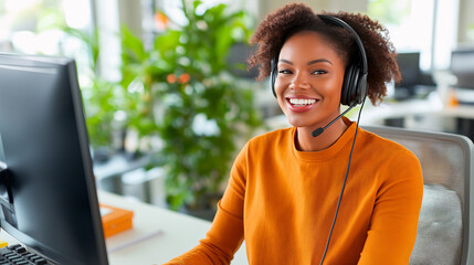 Smiling young female call center employee in headset microphone, looking at camera in modern open space office, representing friendly professional support and exceptional customer service experience