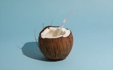 Delicious Coconut Drink with Summer Vibes on Soft Blue Backdrop