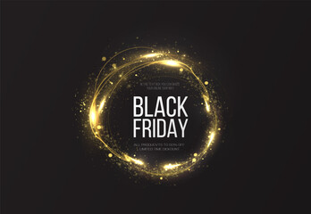 Black Friday Super Sale. Realistic golden luminous round frame. Discount banner for the holidays. PNG. Light golden Twirl. Curve light effect of golden line. Luminous golden circle.