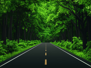 Fototapeta premium serene road surrounded by lush green trees leads to bright future, inviting exploration and adventure. vibrant foliage creates peaceful atmosphere