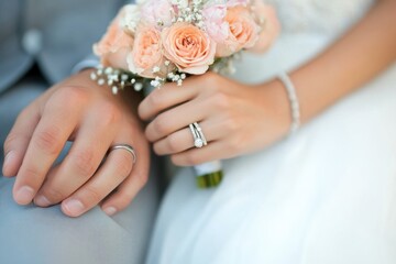 Close-up of the hands and rings on a bride's hand, holding her flower bouquet while sitting next to the groom in a wedding photoshoot Generative AI