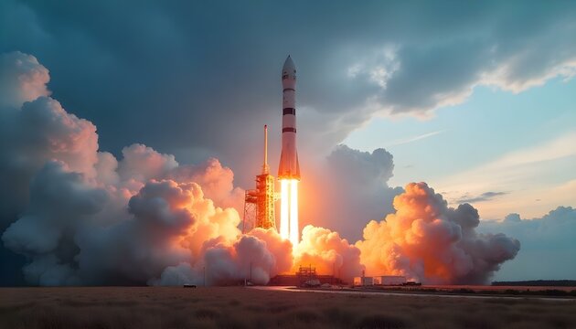 panoramic view of the sky behind a space rocket on the launch pad