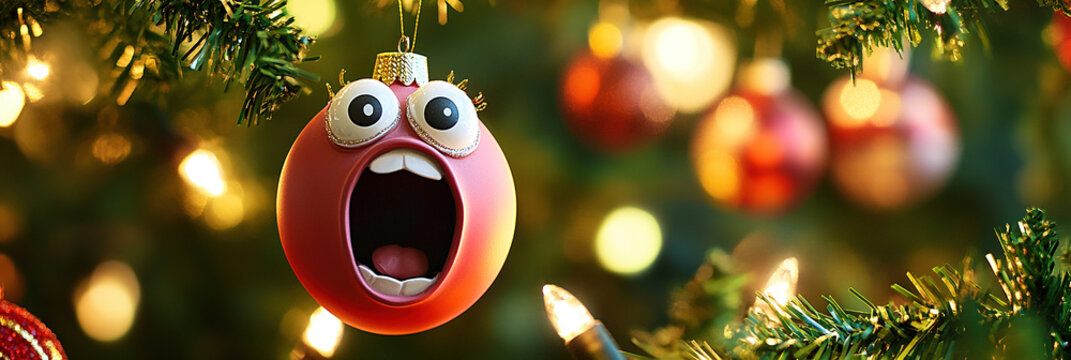 Lustige und witzige singende Weihnachtskugel mit offenen Mund an einem Christbaum zu Weihnachten