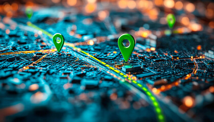 vibrant city map showcasing various locations marked with green pins, illustrating concept of navigation and exploration. bright colors and intricate details evoke sense of adventure and discovery