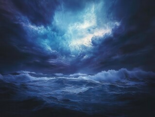 Obraz premium ominous seascape with turbulent waves beneath stormy sky, eerie blue light illuminates ghostly clouds, creating atmospheric horror scene rich in mystery and foreboding