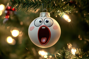 Lustige und witzige singende Weihnachtskugel mit offenen Mund an einem Christbaum zu Weihnachten