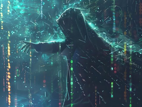 ominous silhouette of a hooded hacker emerging from a sea of glowing binary code, with dark digital tendrils reaching out against a backdrop of shattered cybersecurity shields.