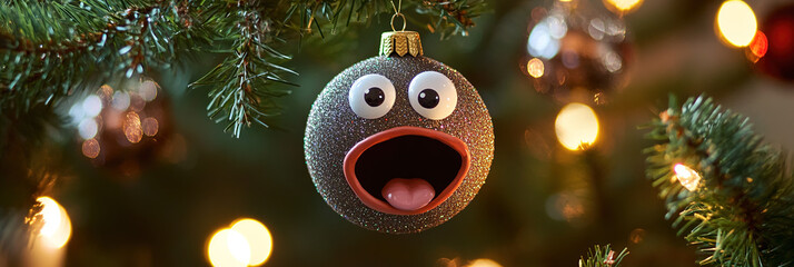 Lustige und witzige singende Weihnachtskugel mit offenen Mund an einem Christbaum zu Weihnachten