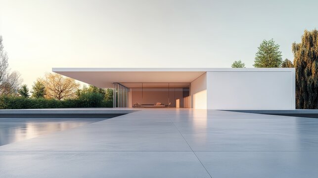 3D modern architecture with empty concrete floor and minimal white exterior, suitable as a car presentation backdrop.