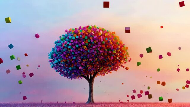 Colorful tree losing its leaves made of cubes