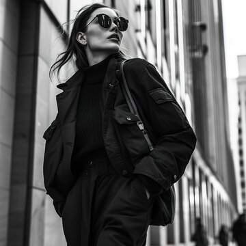 A chic woman in sunglasses strides confidently down an urban street, styled in a monochrome outfit that exudes modern elegance.
