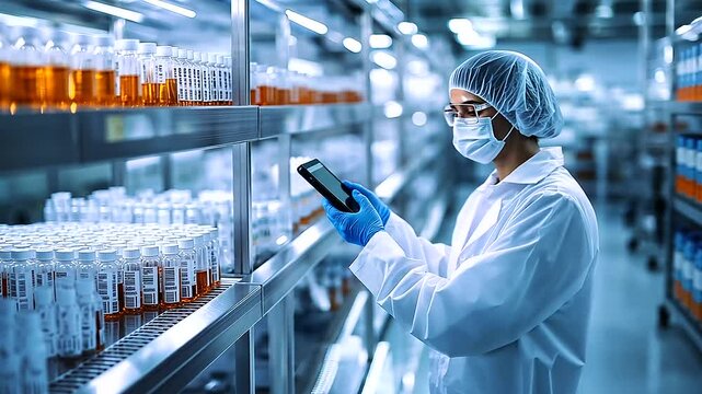 Vials stored at precise temperatures in a refrigerated warehouse, with a worker in sterile gloves using a barcode scanner to track inventory and ensure compliance