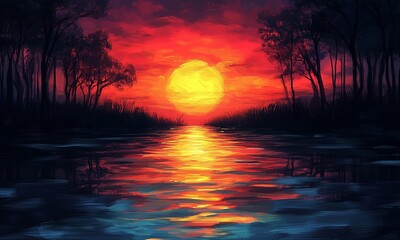 Sunset Landscape Lake Trees Nature Overview, Painting, Drawing, Art, Calm, Soft Background