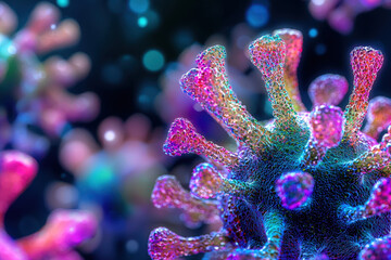 Fototapeta premium Close up of colorful virus structure showcasing intricate details and textures, highlighting its unique features and vibrant colors. This captures complexity of viral forms in visually striking