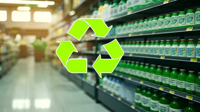 A circular economy icon with soft pastel colors, placed on a blurred background of an eco-friendly product display, symbolizing green consumerism