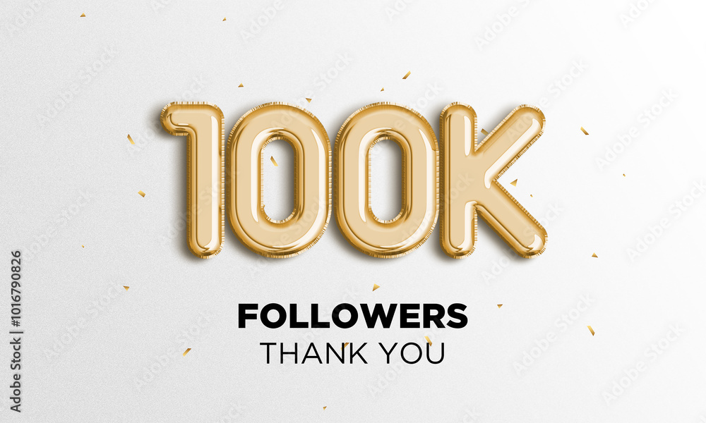 Wall mural 100k followers celebration. social media poster. followers thank you lettering. 3d rendering